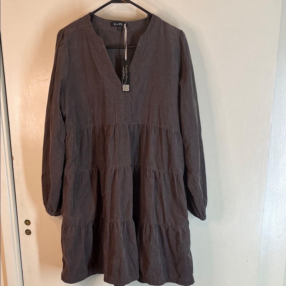 Velvet Heart NWT Women's Brown Gray Long Sleeve Tiered corduroy Dress size Small